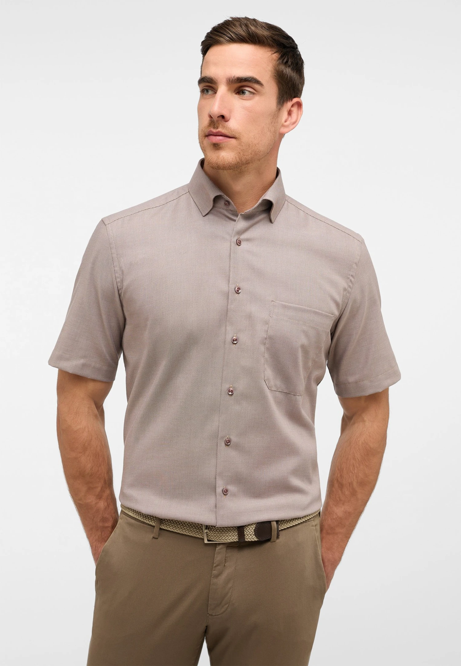Eterna Strukturiertes Kurzarm Comfort Fit - Overhemd - Taupe 3 Eterna Strukturiertes Kurzarm Comfort Fit - Overhemd - Taupe